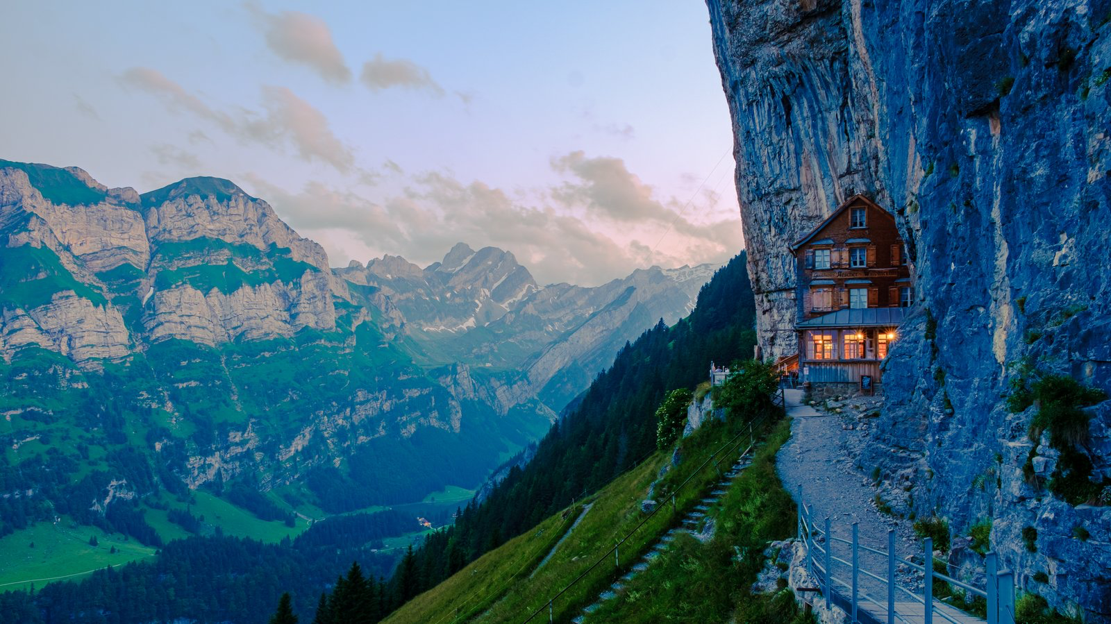 Berggasthaus Aescher beneath the cliffs in Appenzell, Switzerland