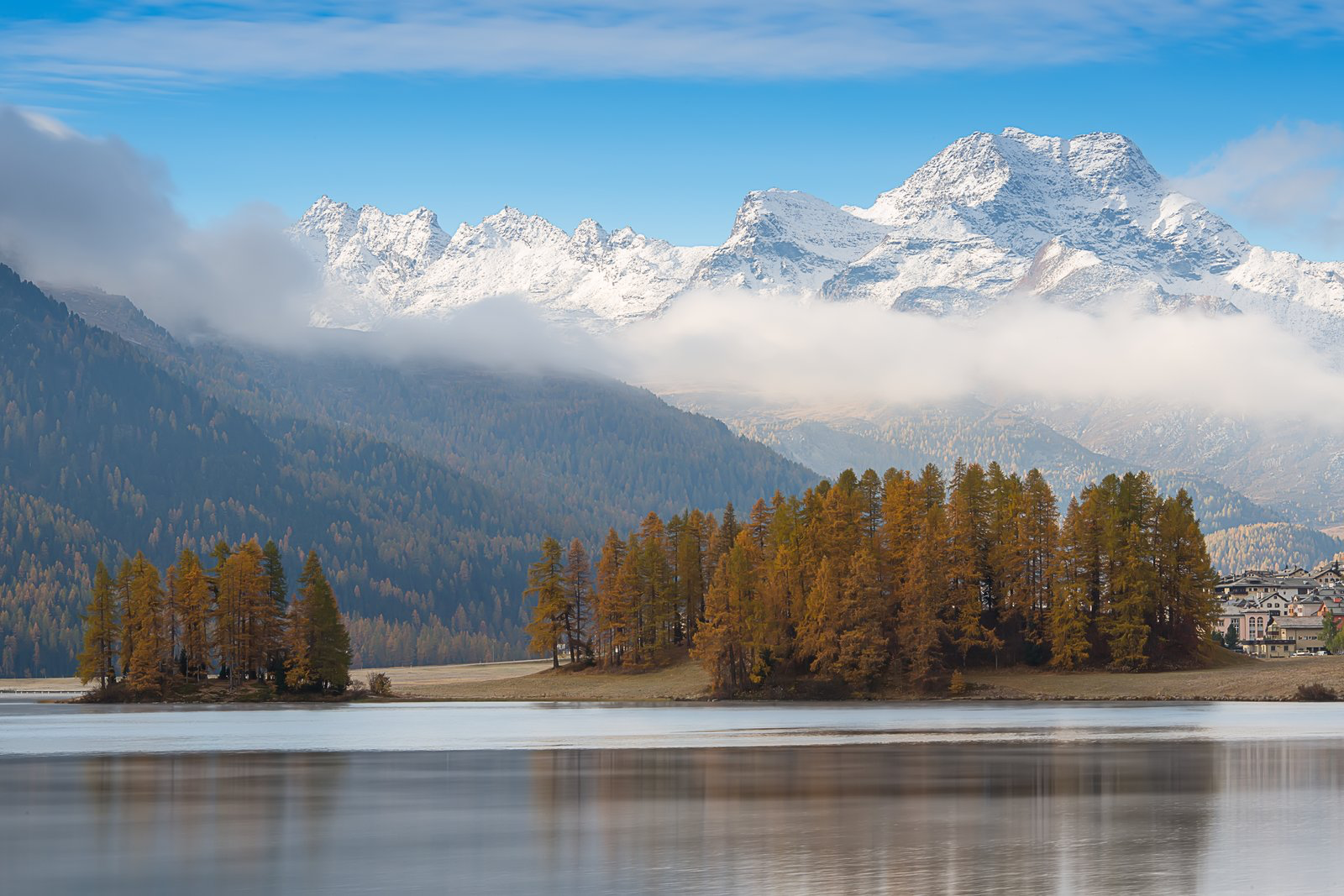 Engadin lake and autumn mountain landscape near St. Moritz, Switzerland