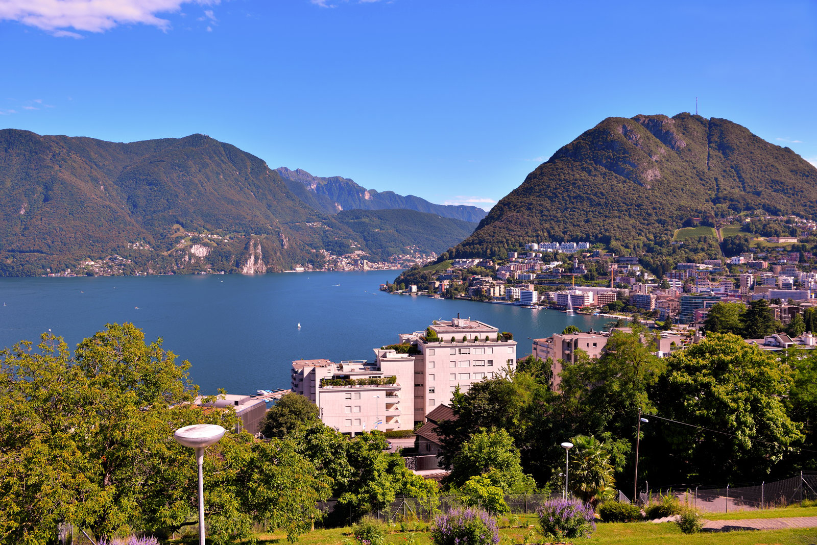 Panoramic view of Lake Lugano and the city of Lugano, Switzerland